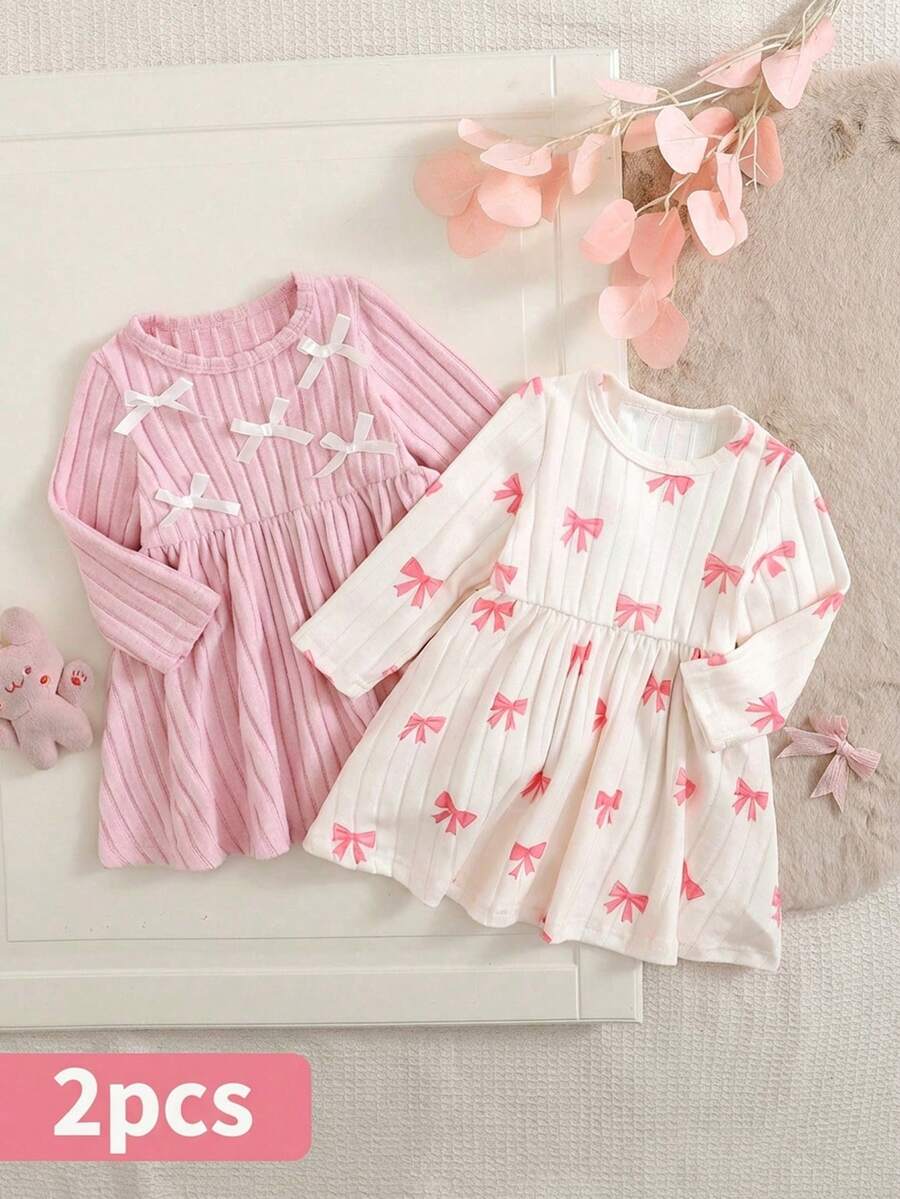 SHEIN 2pcs Baby Girls Casual Comfortable Sweet Round Neck Bow Decor Ribbed Knit Dress, Autumn/Winter - Multicolor - View 1