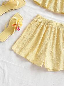 Soleia Women's 2pcs Summer Set Pale Yellow Boho Beach Vacation Holiday Textured Side Knot Camisole And Elastic Waist Shorts Set Carnival Outfits - Yellow - View 3