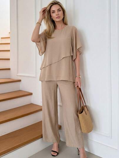 Miaspire Conjunto informal de 2 piezas de mujer con cuello redondo y mangas medianas, de unicolor y holgado