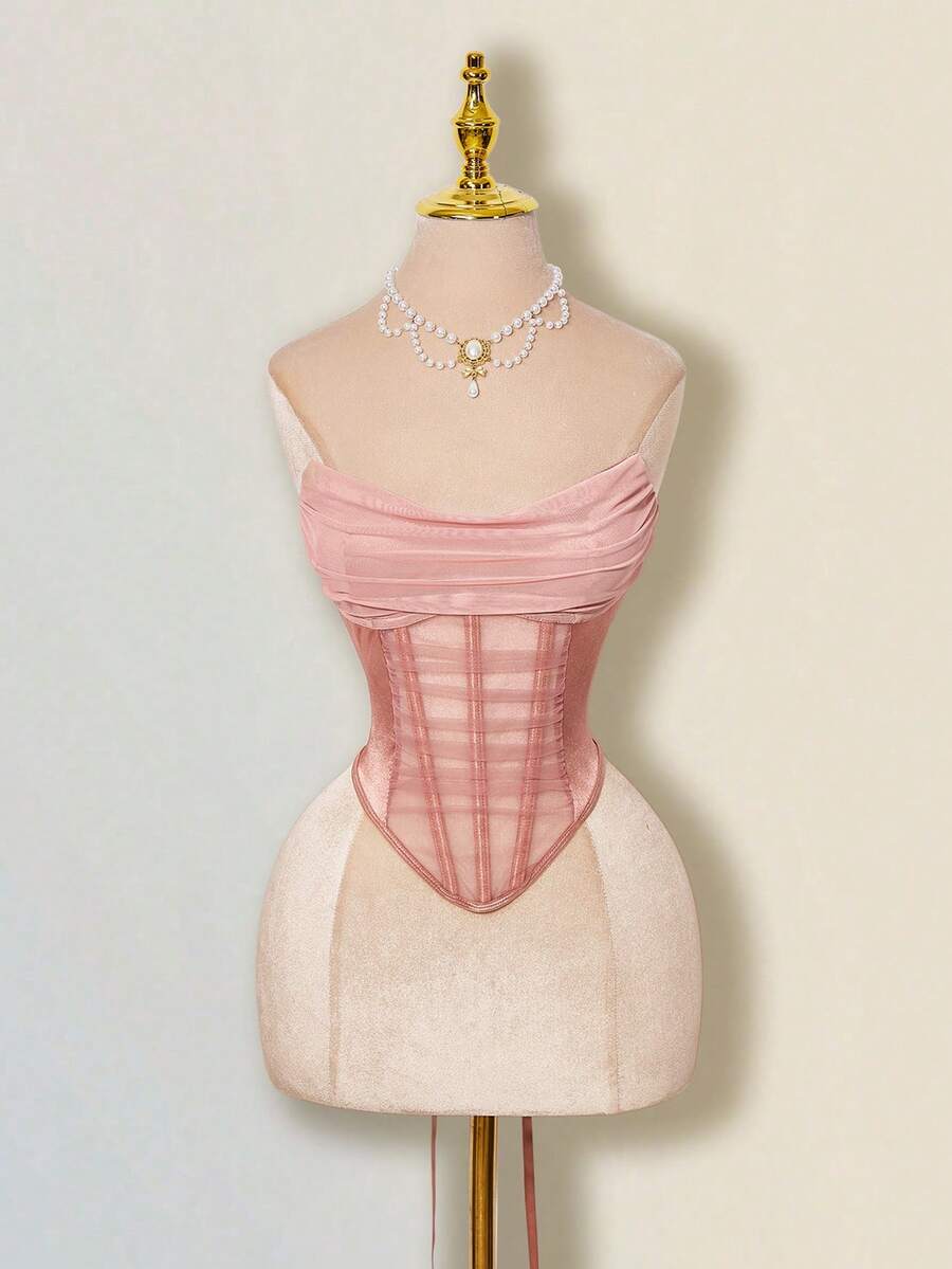 SHEIN ICON 女士纯色不对称下摆时尚抹胸上衣 - 乾枯玫瑰色 - 查看 1