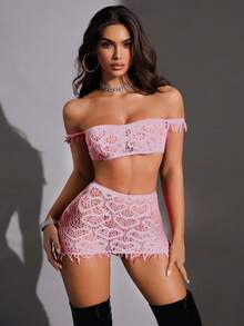 SHEIN Set de 2 piezas con top corto de hombros descubiertos y minifalda de color rojo, con estampado de corazón, adecuado para vacaciones, fiestas y parejas - Rosa - Ver 7