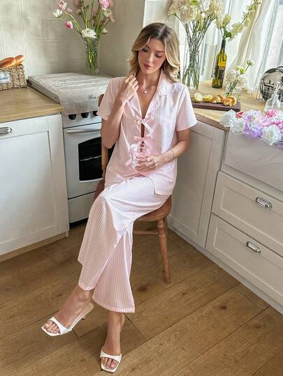 SHEIN 2pcs Women Sleepwear Set, Short Sleeve Top And Long Pants, Romantic Striped Print, Pink Loungewear
