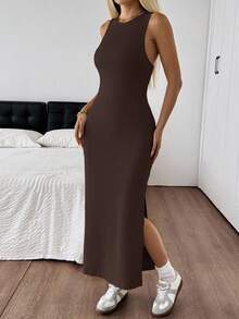 SHEIN EZwear 棕色针织露背紧身无袖连衣裙（女款） - 巧克力棕 - 查看 3