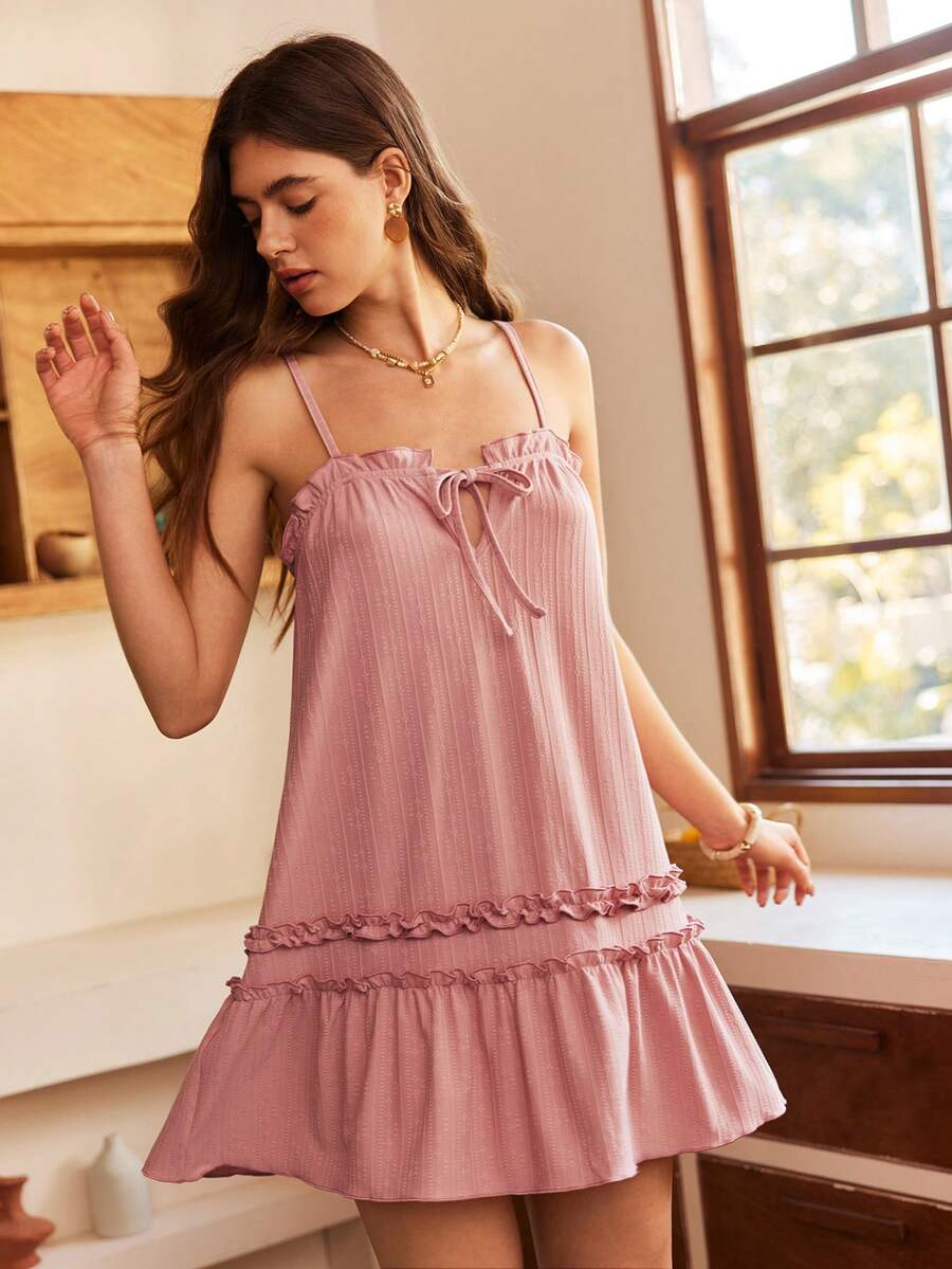 波西米亚风休闲宽松荷叶边蝴蝶结半身裙，可爱休闲女士睡裙 - 藕粉色 - 查看 1