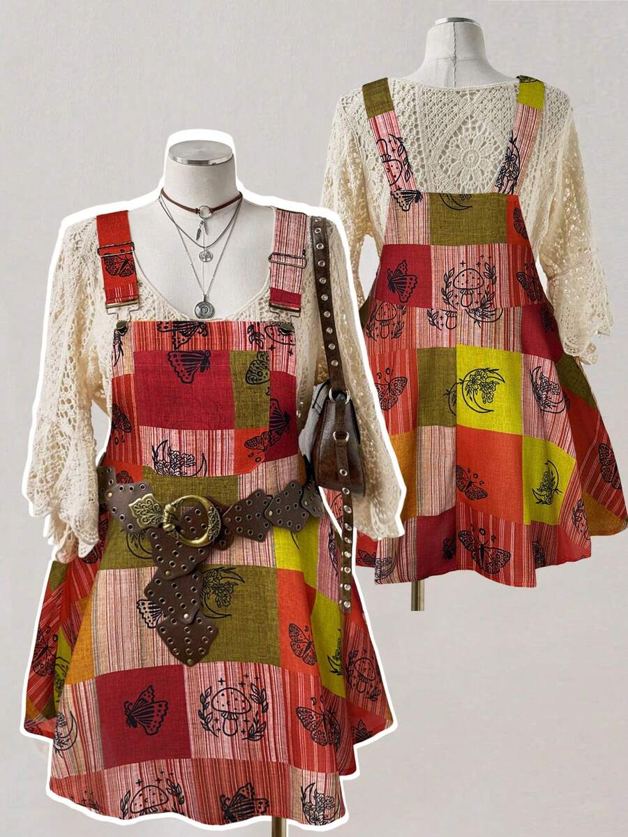 Sunspun Đầm yếm kiểu Bohemian nhiều màu sắc dành cho nữ cỡ lớn với họa tiết bướm. - Nhiều màu - Xem 1
