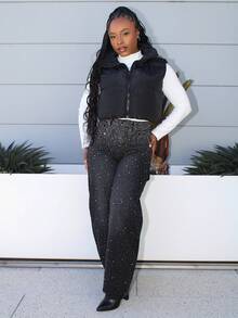 Steph T Women's Fashion Street Style Slant Pocket Loose Black Rhinestone Embellished Jeans - Black - View 3