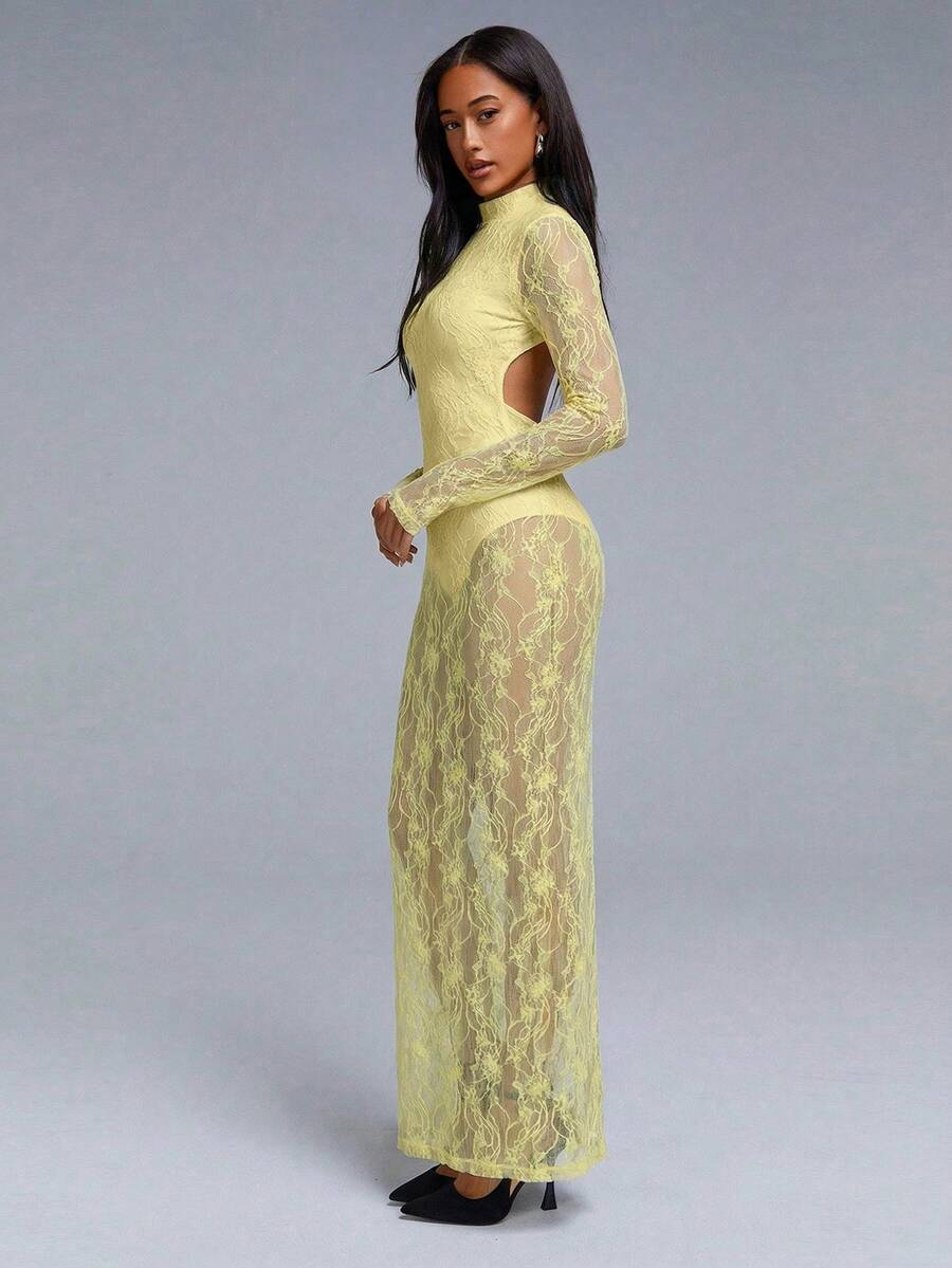 Athîral Women's Elegant Sexy Solid Color Lace Backless Dress - Light Yellow - View 1