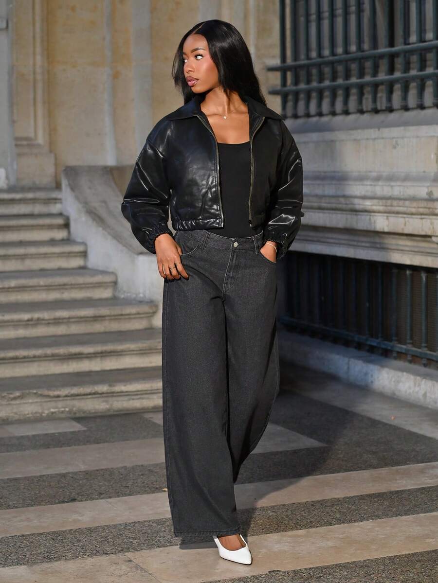 Mima John Washed Denim Low Rise Baggy Jeans, Spring 90's Y2k Streetwear Casual Holiday Ibiza Concert Festival Rave Western Fall Autumn Winter Nashville Office Work - Black - View 1