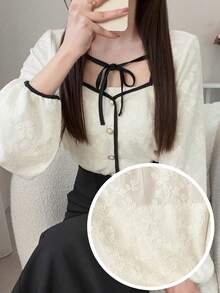 FRIFUL Women's Lace Contrast Trim Tie Front Bow Decor Loose Sweet Blouse - Apricot - View 1