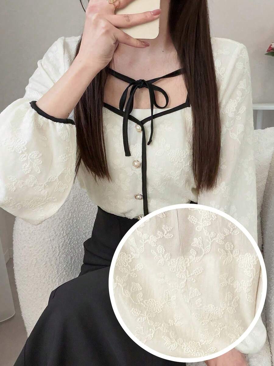 FRIFUL Women's Lace Contrast Trim Tie Front Bow Decor Loose Sweet Blouse - Apricot - View 1