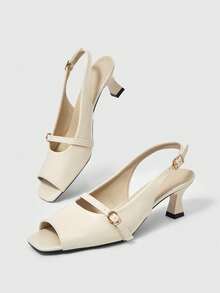Sleekvia Tacones altos elegantes minimalistas de punta cuadrada, tacón de aguja, punta abierta, correa con hebilla, sin talón, color beige, para primavera/otoño - Beis - Ver 2
