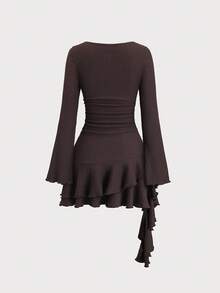 Sweetra Y2K Sexy Pleated Beaded Textured Fabric Versatile Asymmetric Hem Dress - Coffee Brown - View 2