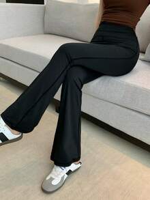 DAZY Women's Casual Solid Color High Waist Flare Leggings - Black - View 2