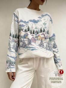 EMERY ROSE Women's Long Sleeve T-Shirt With Sketch Countryside Comfortable Pattern Print - Multicolor - View 3