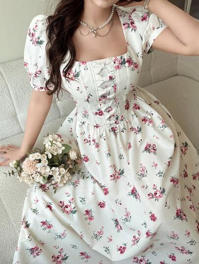 Feyla Đầm nghỉ mát kiểu dáng cổ điển mới, tay phồng, xếp ly, eo thon, họa tiết hoa.