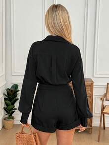 Easowa 女士黑色长袖棉麻连体裤，冬季款 - 黑色 - 查看 2