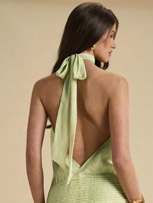 SHEIN BAE 薄荷绿露背系带低腰不对称下摆连衣裙，优雅女士夏季度假连衣裙，音乐节连衣裙，绿色连衣裙，优美长裙，沙滩度假连衣裙 - 綠色 - 查看 6