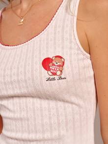 SHEIN Unity White And Red Cute Teddy Bear Print Textured Knit Tank Top,Summer Round Neck Contrast Color Ruffle Trim Sleep Top,British Style Retro College Fashion - White - View 7