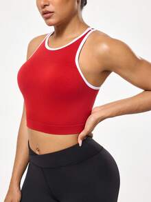 SHEIN Sports 1件吸湿排汗无缝基础款运动背心，撞色设计，红色 - 彩色 - 查看 3