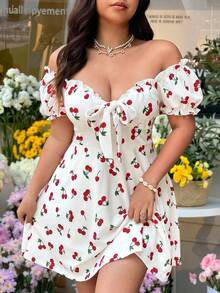 SHEIN EZwear EZwear 大码樱桃印花露肩短袖连衣裙，优雅度假装扮，女士休闲婚礼宾客连衣裙，太阳裙 - 彩色 - 查看 3