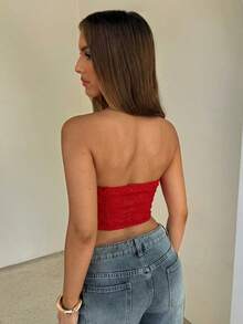 Aloruh Women's Sexy Lace Detail Black Brassiere,Red Top - Red - View 2