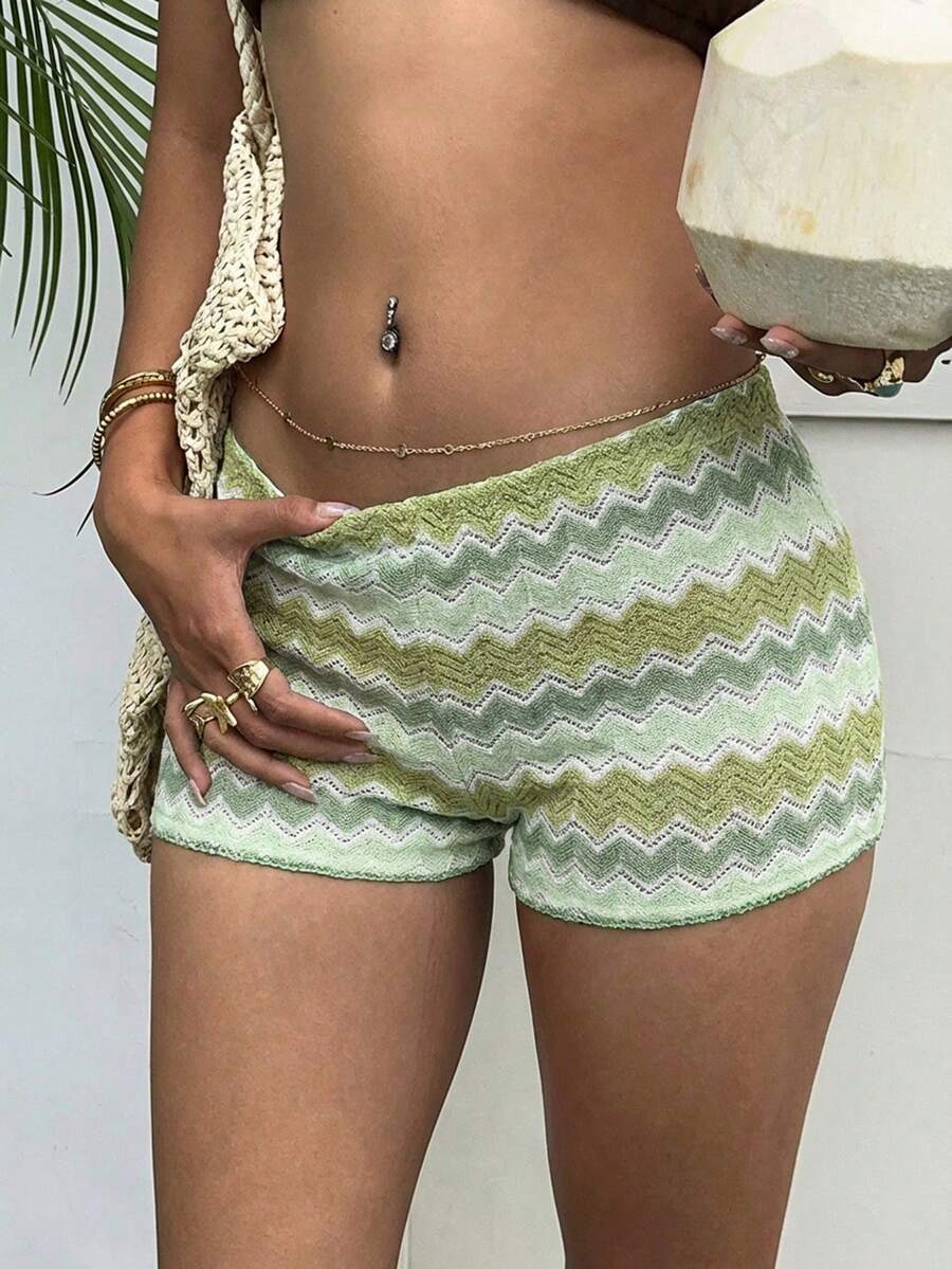 Aloruh Quần short nữ dệt kim sọc xanh lá cây