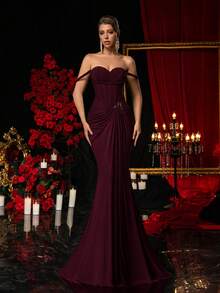Glamrae Elegant Dark Gray-Green High Stretch Mesh Off Shoulder Evening Dress,Fishbone Trim Asymmetrical Split Metal Decor Fish Tail Formal Gown For Occasions - Maroon - View 1