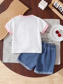 Bộ 2 món áo ngắn tay và quần short cho bé gái, áo thun hồng có nơ phối với quần short viền tương phản, họa tiết thêu, trang phục mùa hè ngọt ngào và thoải mái. - Hồng - Xem 2