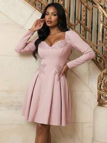 Anewsta Women's New Elegant Lace Applique Puff Sleeve Blue Dress - Pink - View 3