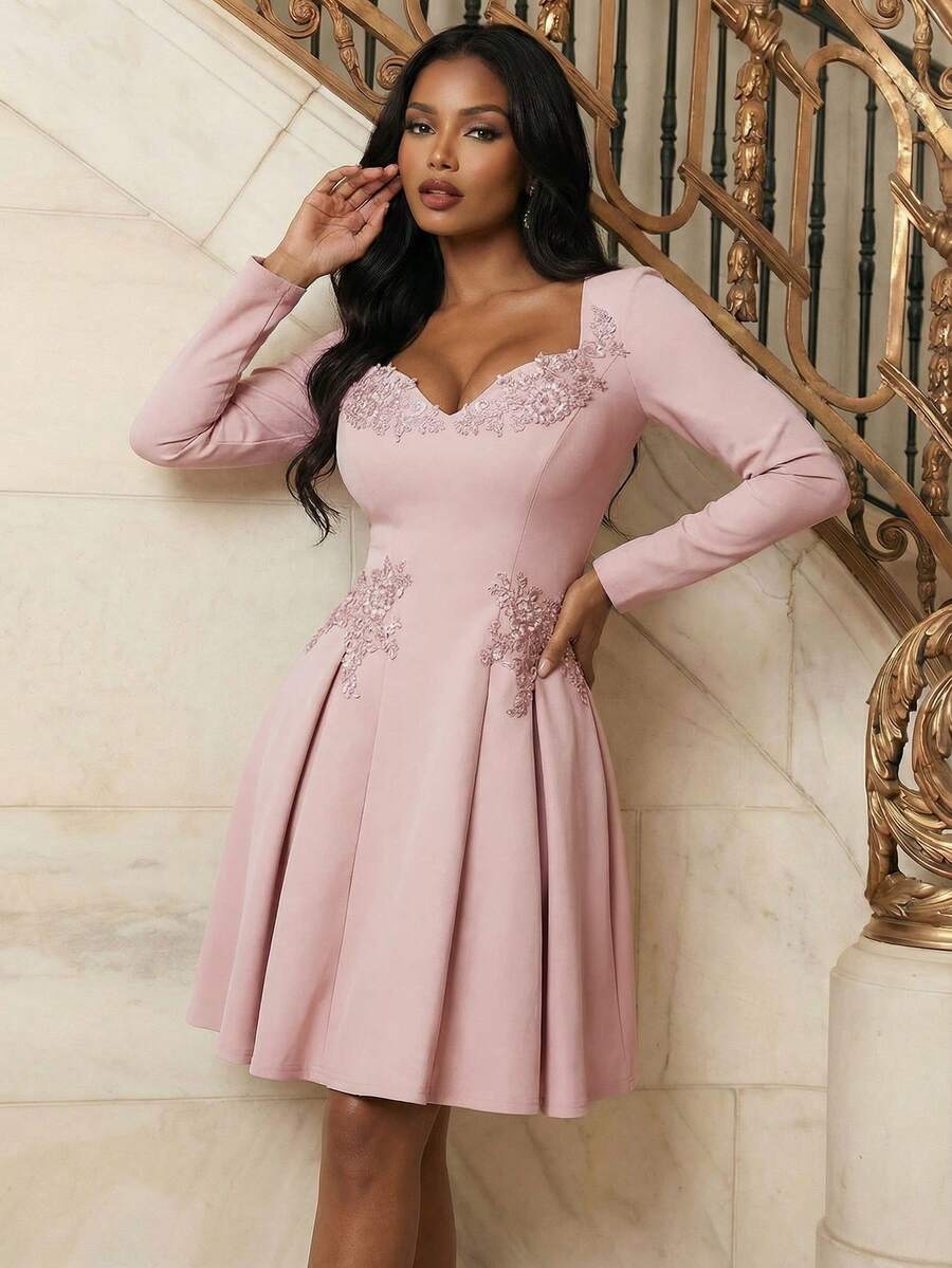 Anewsta 女士新款优雅蕾丝贴花泡泡袖蓝色连衣裙 - 粉色 - 查看 1