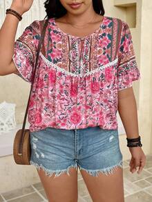 SHEIN LUNE Áo kiểu nữ cỡ lớn mùa hè phong cách Bohemian in hoa, tay bồng, thắt nơ phía trước. - Màu Hồng  Dưa hấu - Xem 6