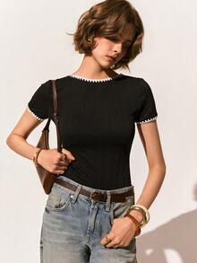 Poéselle 女士撞色滚边圆领修身连体衣 - 杏色 - 查看 8