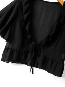 GlowEve CURVE 2pcs/Set Plus Size Black Short Sleeve Top + Floral Print V-Neck Ruffle Trim Vest - Multicolor - View 5