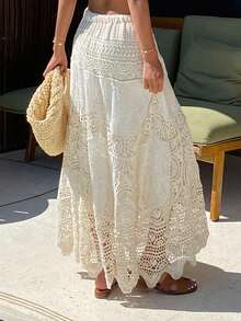 DAZY Bohemian Hollow Crochet Lace Drawstring Waist High Waist A-Line Skirt For Women, Spring - Apricot - View 2