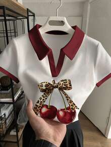 Resyla 女士休闲樱桃印花撞色滚边 Polo 领短袖上衣，夏季 - 白色 - 查看 1