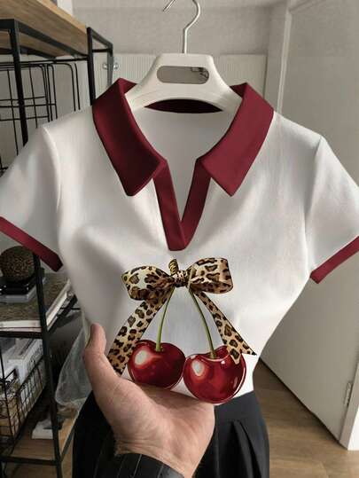 Resyla 女士休闲樱桃印花撞色滚边 Polo 领短袖上衣，夏季
