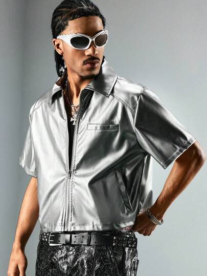 Street Life Camisa casual de manga corta con bolsillo con cremallera de PU brillante plateado para hombres