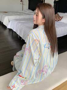 Dazy Plus Plus Size Women Cartoon Floral & Striped Loose Fit 2 Pieces Pajama Set, Comfortable Home Wear For Spring & Autumn - Multicolor - View 8