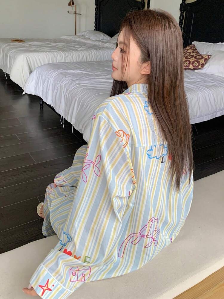 Dazy Plus Plus Size Women Cartoon Floral & Striped Loose Fit 2 Pieces Pajama Set, Comfortable Home Wear For Spring & Autumn