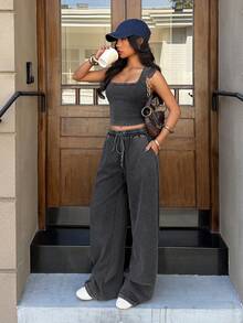 Muchica Conjunto de camiseta de tirantes de cuello cuadrado y pantalones estilo vintage lavado para mujer, de verano - Negro - Ver 1