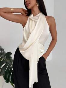 Aloruh Minimalist High-End Neck Hanging Drape Design Collar Fitted Satin Apricot Women Tank Top - Apricot - View 6