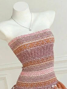 Elamini Đầm ngắn cúp ngực in hoa, xếp ly, kiểu dáng nghỉ mát dành cho nữ. - Nhiều màu - Xem 4