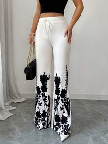Rafferiza Women's Floral Print Drawstring Waist Casual Versatile Wide Leg Pants, Suitable For Daily Wear - Black - View 4