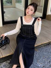 Dazy Plus Plus Size Women Loose Casual Strap Straight Hem Slit Maxi Denim Dress, Sleeveless - Dark Wash - View 2