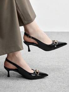 CUCCOO BIZCHIC 女士尖头黑色哑光极简金属扣通勤、日常、约会细高跟鞋 - 黑色 - 查看 1