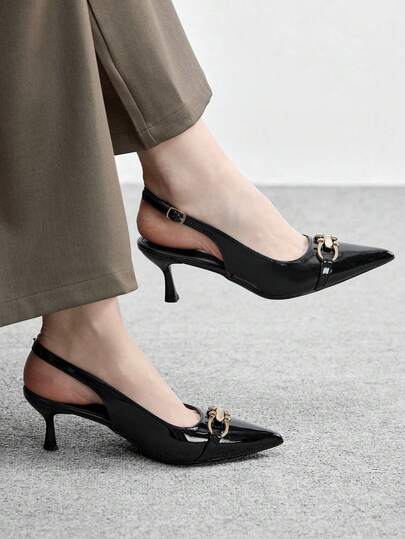 CUCCOO BIZCHIC Giày cao gót mũi nhọn màu đen mờ tối giản dành cho nữ, khóa kim loại, thích hợp đi làm, đi chơi hoặc hẹn hò.