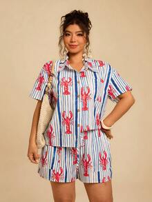 Travachic Bộ đồ thể thao 2 mảnh dành cho nữ cỡ lớn, họa tiết sọc, cổ ve áo, in hình tôm hùm, gồm áo ngắn tay cài cúc và quần short, thích hợp cho kỳ nghỉ. - Xanh và trắng - Xem 2