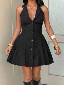 Flirla Đầm mini xòe màu đen không tay, cổ chữ V, hở lưng, thắt eo dành cho nữ mùa hè - màu đen - Xem 6