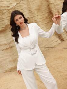 Modelyn Women's Casual Chic Elegant White Double-Breasted Decorated Blazer - White - View 6