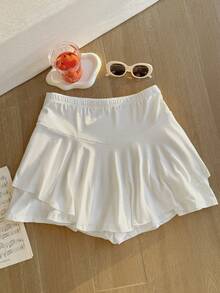 SHEIN EZwear Váy chữ A màu trắng cạp cao xếp ly cho nữ cỡ lớn, bộ váy tennis, váy thể thao, váy quần đùi cho nữ, trang phục dự tiệc, váy xếp ly cho nữ, váy quần đùi cho nữ, váy nữ. - trắng - Xem 10